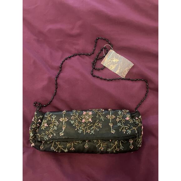 Vintage Y2K Black Beaded Satin Purse SPECIAL EVENT FORMAL PROM - Picture 1 of 7